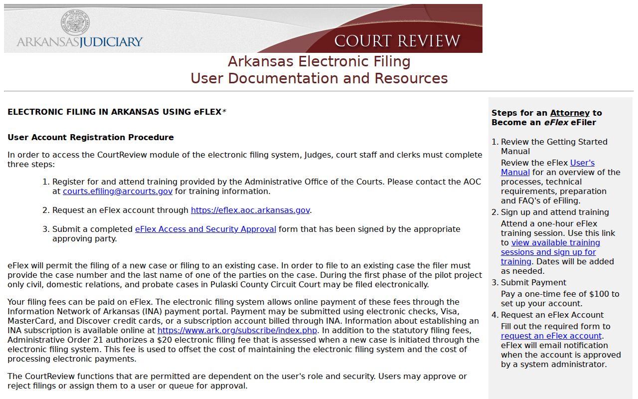 Arkansas eFlex resource screen for Desha County electronic court filings