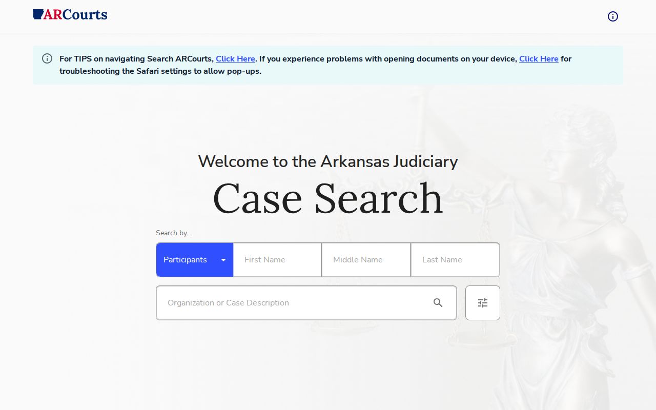 Official Search ARCourts interface for a Desha County docket search
