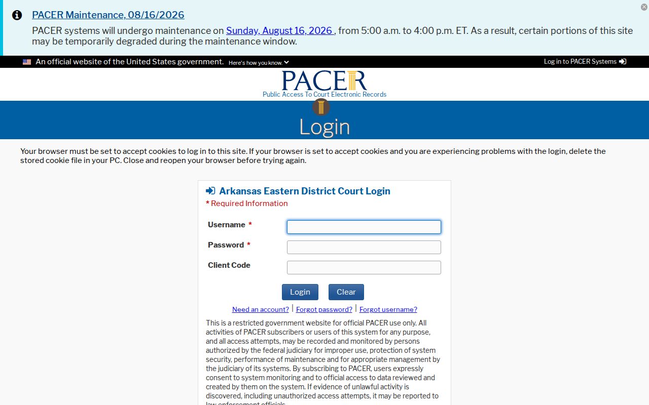 Federal CM ECF access for court records related to Desha County
